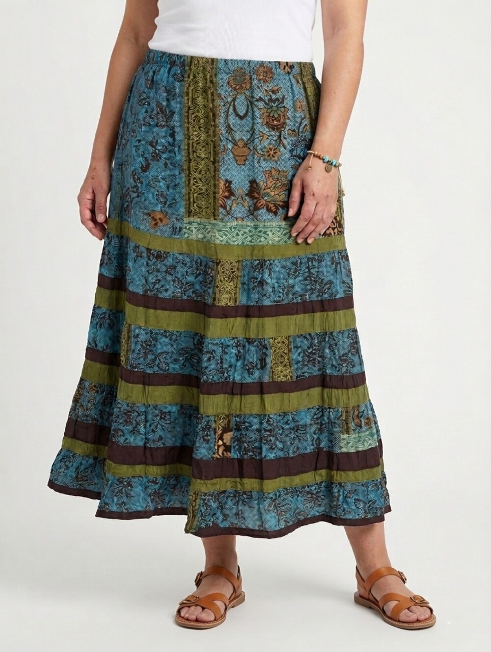 Kerry Brooke Patchwork Boho Festival Midi Skirt Blue Green M